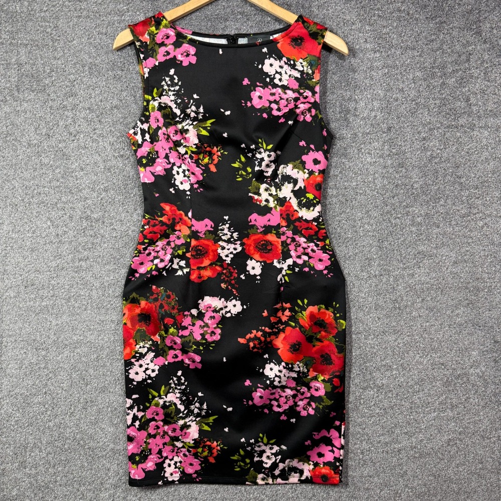 Adrianna Papell Dress Size 6 Floral Scuba Sheath Black Red Pink Sleeveless